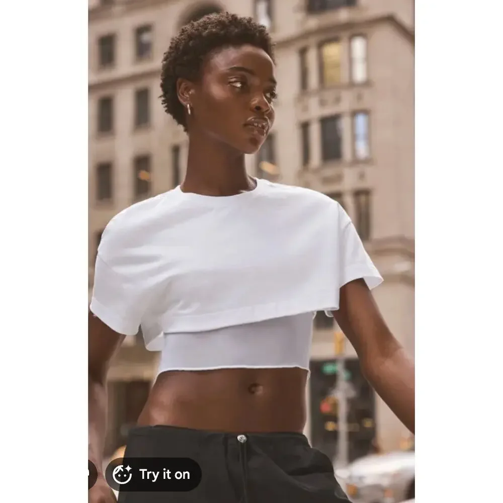 Alo Yoga Top Women Small Made You Look Cropped Tee White Layered Casual Yoga
